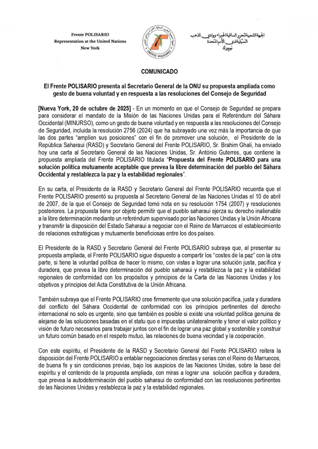 El Frente Polisario presenta a la ONU una nueva propuesta para la ...
